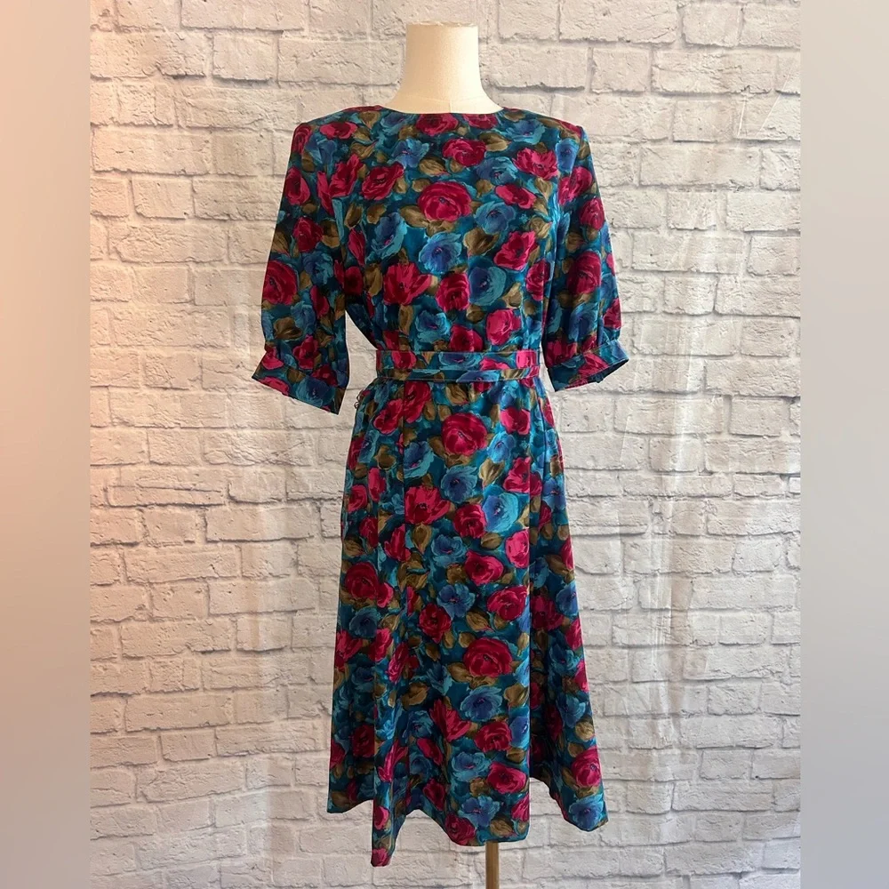 Vintage 60s Dress Handmade Midi Blue Pink Floral w Belt Garden Winter Fall - Picture 7 of 13